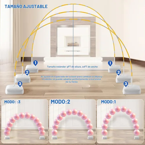 Vista 2 de Arco de globos, innovador kit de arco de globos resistente, soporte de arco de globos ajustable de 10 pies de ancho y 9 pies de alto con bases