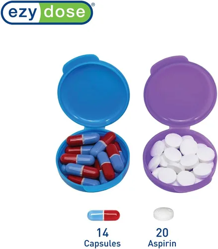 Vista 3 de EZY DOSE Farmacia diaria redonda, compacta, pequeña, discreta, portátil de bolsillo, pastillero, organizador y recipientes de vitaminas, tapas