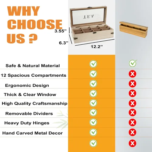 Vista 6 de Caja de té, organizador y almacenamiento de té de madera, 12 SMOKY
