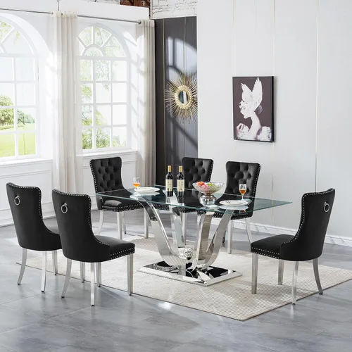 Vista 10 de Moderno juego de mesa de comedor de cristal de 5 piezas para 4, 70 pulgadas rectangular con 4 sillas copetudas de terciopelo beige, juego de mesa