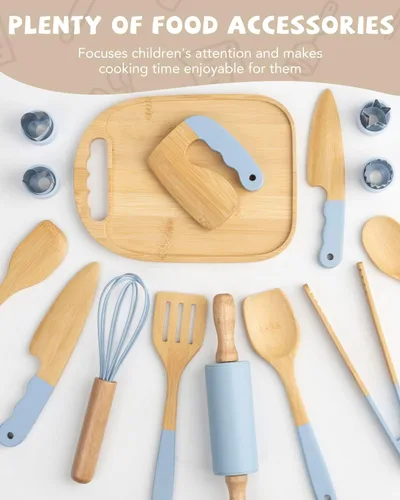 Vista 5 de Juego de cocina Montessori de madera para niños, herramientas de cocina reales y utensilios para hornear, kit de cocina de 15 piezas para niños