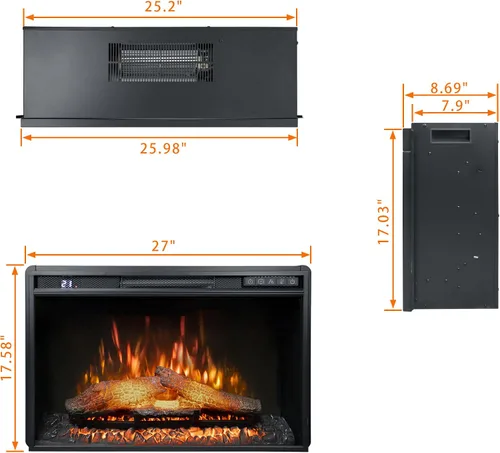 Vista 2 de Inserto de chimenea eléctrica de 26 pulgadas de ancho, 6 niveles de brillo, 5 velocidades de llama, 62-82 ℉, temporizador y control remoto, chimenea