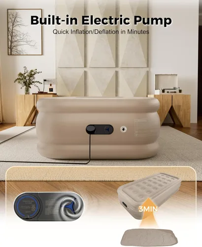 Vista 3 de Colchón de aire individual con bomba integrada, cama de aire inflable individual con bolsa de almacenamiento portátil, adecuado para el hogar e Caqui
