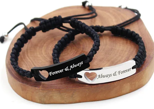 Vista 6 de Pulsera de pareja para hombres y mujeres, de acero inoxidable blanco y negro, grabada, joyería de amor para esposa, marido, 2 pulseras tejidas a