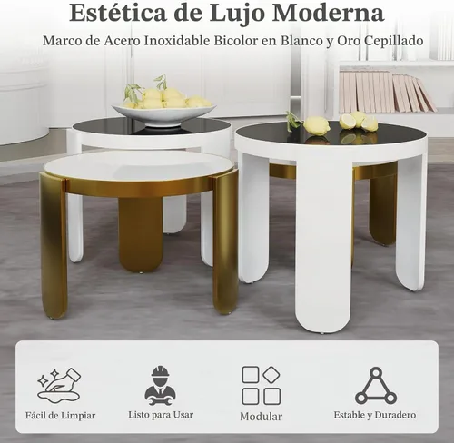 Vista 6 de ACEDÉCOR Mesa auxiliar anidable 4 en 1, moderna mesa central redonda con parte superior de vidrio templado convertible, mesa auxiliar apilable