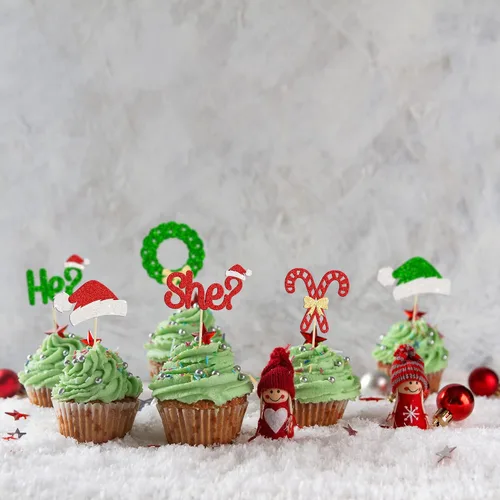 Vista 4 de Gyufise 24 piezas Adornos de pastel para revelación de género de Navidad con purpurina, sombrero navideño de Navidad, adorno de pastel de él o ella
