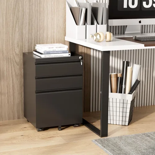 Vista 2 de Greenvelly Archivador móvil de 3 cajones con cerradura, archivador de metal sobre ruedas, archivador debajo del escritorio para organizador de Negro
