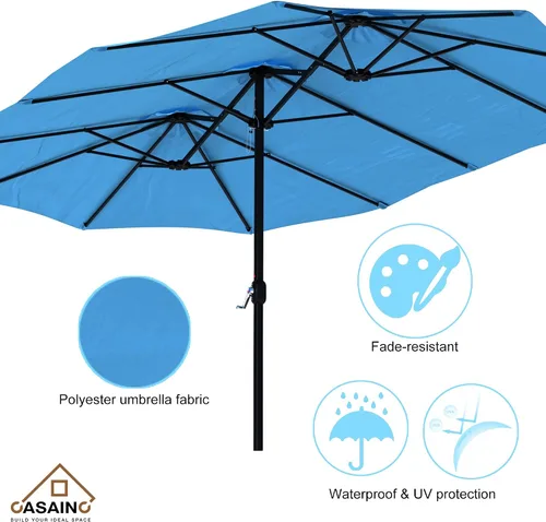Vista 5 de CASAINC Sombrilla de patio de 15 pies con base de doble cara para exteriores, sombrilla rectangular doble con manivela, para jardín, terraza