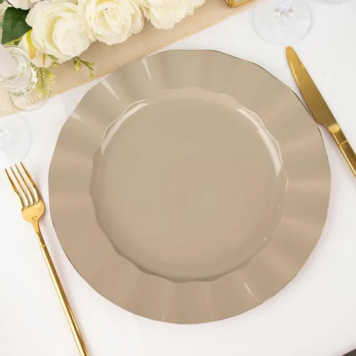 Vista 23 de Tableclothsfactory Paquete de 10 platos redondos de plástico negro de 6 pulgadas para ensalada de postre, platos desechables con borde ondulado