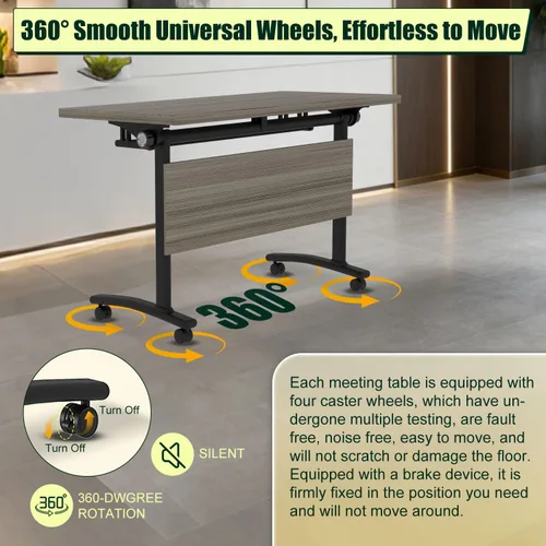Vista 3 de Mesas plegables para sala de conferencias, mesa de entrenamiento móvil abatible con ruedas giratorias de 360°, mesa de conferencias moderna Olmo