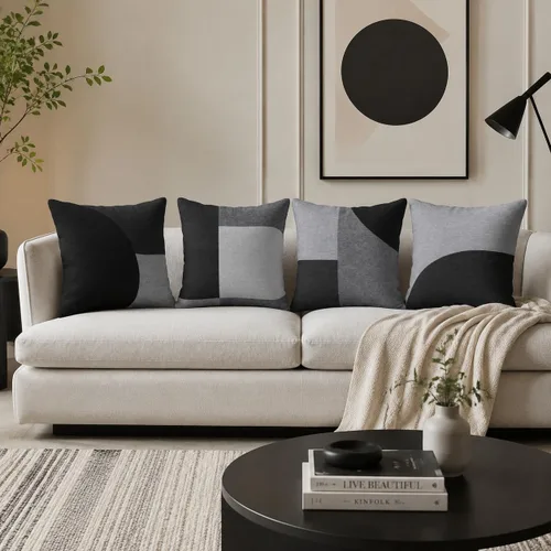 Vista 2 de Juego de 4 fundas de almohada geométricas abstractas de 18 x 18 pulgadas, color negro y gris, fundas cuadradas decorativas para sofá Abstracto 2