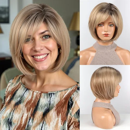 Vista 10 de HAIRCUBE Pelucas estilo Bob hasta el hombro para mujer con raya lateral