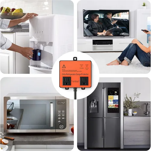 Vista 7 de Protector de sobretensiones para refrigerador, Ortis Protector de voltaje de doble salida para electrodomésticos con retraso de tiempo, protege