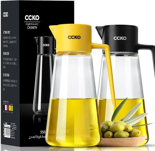 Vista 11 de CCKO Botella dispensadora de aceite de oliva de vidrio con boquilla abatible automática de 19 onzas para cocina, dispensador de aceite de cocina sin