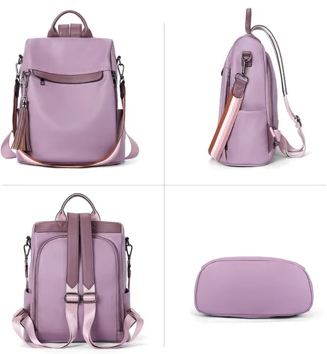 Vista 15 de Bromen - Mochila tipo bolso de mano de piel antirrobo para mujer a la moda, Beige floral, L