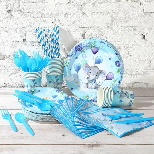 Vista 3 de Spakon Juego de 200 piezas de decoración de baby shower, platos de papel para fiesta de elefante, servilletas, tazas y vajilla, juego de vajilla Azul