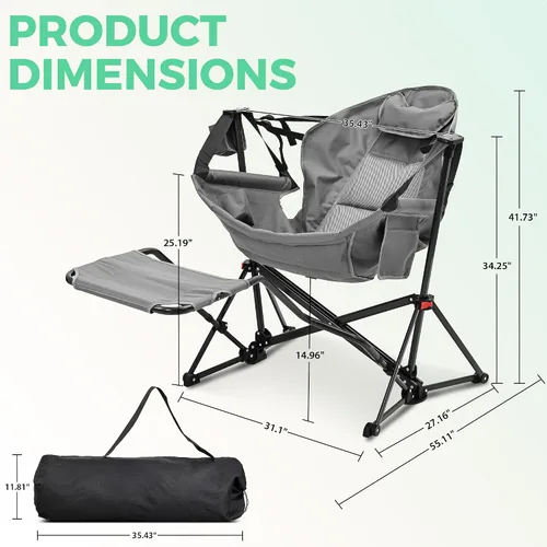 Vista 3 de Hamaca de camping con reposapiés, resistente y plegable, portátil, mecedora, para exteriores, campamento, con soporte para tazas, almohada