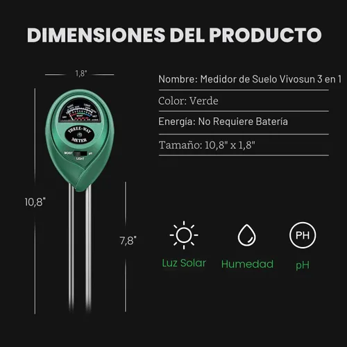 Vista 4 de Vivosun - Probador de suelo, medidor de humedad, luz y pH 3 en 1 para casa, jardín, césped, granja, uso en interiores y exteriores, promueve