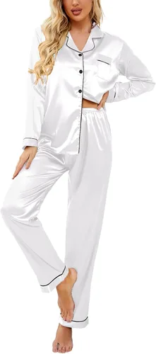 Vista 59 de Ekouaer - Conjunto de pijama de satén de seda clásico con botones para mujer, de manga larga Verde militar
