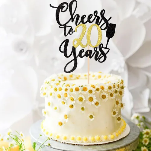 Vista 5 de 1 pieza de decoración para tartas de "Cheers to 20 años" con purpurina dorada y negra para pastel de 20 años, decoración de pastel de 20 años