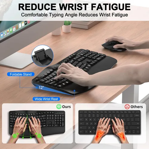 Vista 3 de Combo de teclado y mouse inalámbricos, teclas de onda ergonómica 2.4G (negro) Full Size Wave Keyboard with Wrist Rest, 3-Level DPI Adjustable