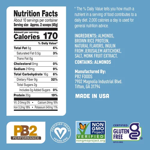 Vista 7 de PB2 Performance - Polvo de proteína vegano a base de plantas de almendra 20g de proteína completa, sin azúcar añadida, fibra prebiótica Sin