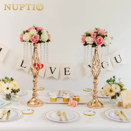 Vista 3 de Nuptio 2 piezas de soporte de flores de cristal para mesas, 21.7 pulgadas de alto, elegante soporte de metal para arreglos florales, florero