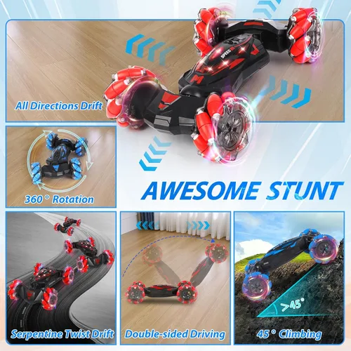 Vista 5 de Auto de acrobacias RC, auto de juguete con control remoto de 2.4 GHz, 4WD, con sensor de gestos, vehículos de doble cara, vehículo todo terreno que