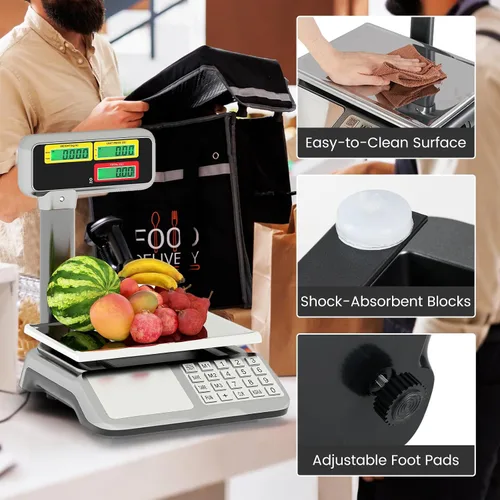 Vista 7 de S AFSTAR Báscula de cálculo de precios con pantalla de poste, báscula comercial de alimentos de 88 lb con plataforma de acero inoxidable, batería