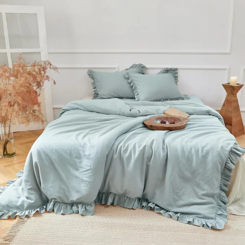 Vista 16 de Simple&Opulence Juego de funda de edredón de algodón de lino con volantes, 3 piezas, ropa de cama con textura suave con bordes decorativos