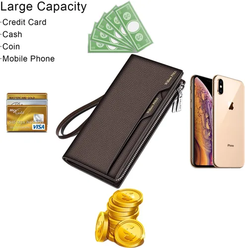 Vista 3 de VANNANBA Cartera larga para hombre, de cuero negro, con cremallera, billetera plegable con bloqueo RFID, cartera para pasaporte con tarjetero