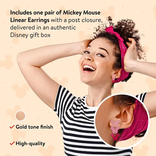 Vista 3 de Disney Aretes colgantes lineales de Mickey Mouse para mujeres y niñas, un par en caja de regalo de joyería auténtica con 3 dijes colgantes