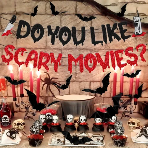 Vista 4 de Decoración de Halloween Do You Like Scary Movies Banner con adornos de murciélago en 3D, películas de terror sagradas, decoración de fiesta nocturna