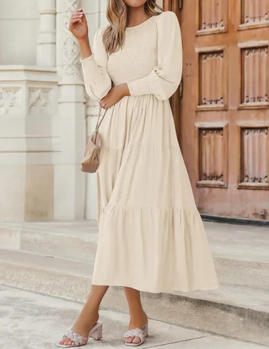 Vista 4 de ZESICA Vestido midi casual de manga larga con cuello redondo, cintura alta, fruncido, fluido y escalonado para mujer