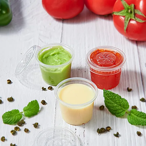 Vista 3 de Lilymicky 400 juegos de vasos de plástico desechables de 1 onza con tapas, pequeños recipientes de plástico para condimentos para salsa, vasos