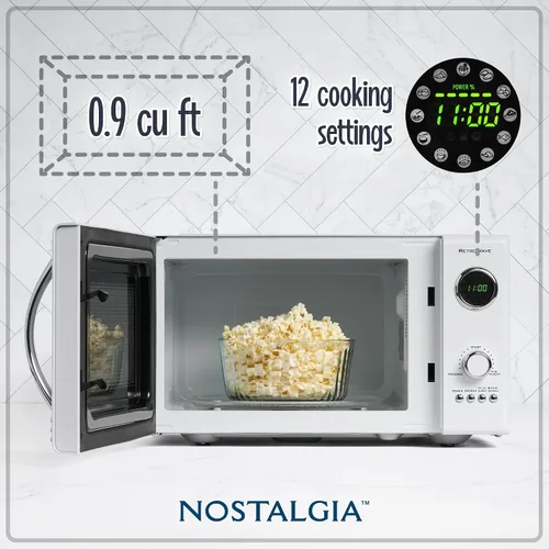 Vista 53 de Nostalgia Horno microondas retro compacto para encimera, 0.7 pies cúbicos, 700 vatios con pantalla digital LED, bloqueo para niños, interior fácil