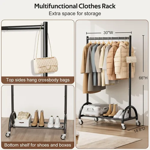 Vista 5 de MISSLO Perchero de ropa resistente con ruedas para colgar ropa, abrigos, ropa, vestidos, negro, 30 pulgadas de ancho