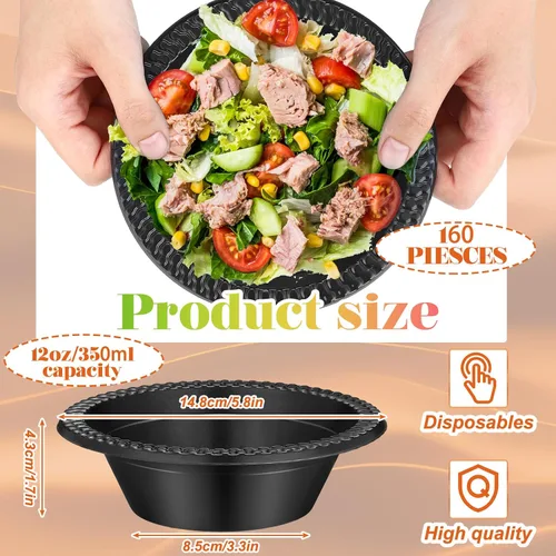 Vista 2 de Lallisa 160 cuencos de plástico desechables negros de 12 onzas, tazas de postre para Halloween, helado, aperitivos, ensalada, sopa, cuencos