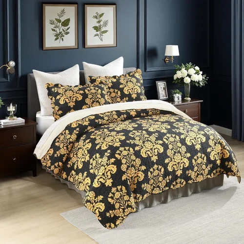 Vista 3 de Juego de edredón de 3 piezas, 100% algodón suave, diseño floral negro y amarillo, reversible, ligero, para todas las estaciones