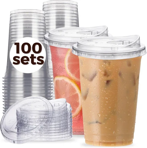 Vista 9 de Paquete de 100 vasos de plástico transparente de 9 onzas con tapas sin popote para beber, vasos desechables de plástico para café helado, vasos