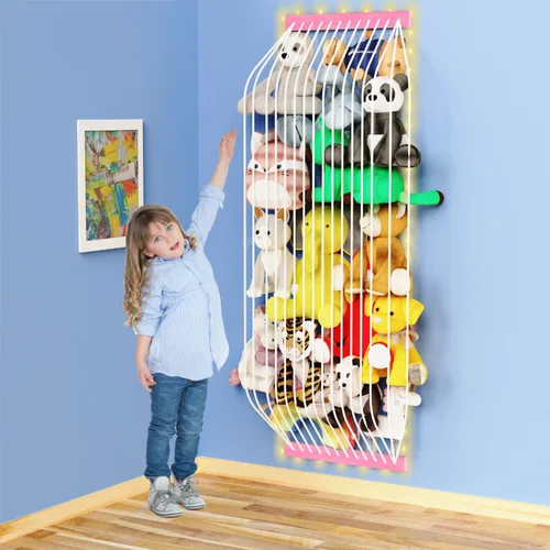 Vista 11 de Almacenamiento de animales de peluche de madera suave para habitación de los niños, soporte de pared para colgar en la puerta, organizador