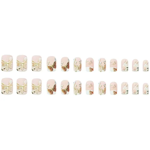 Vista 4 de Uñas postizas a presión de mariposa - Uñas falsas cortas cuadradas con diseños en relieve 3D, punta francesa blanca, acabado mate, acrílico rosa