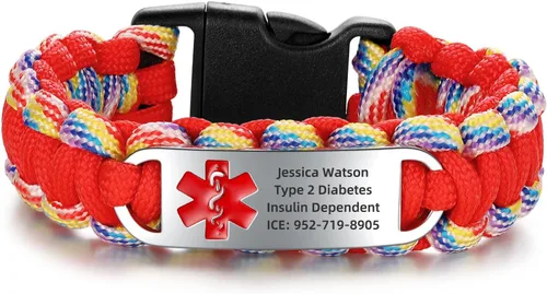 Vista 34 de Pulsera de alerta médica Paracord para hombres y mujeres Pulsera de identificación médica de acero inoxidable con hebillas de liberación lateral