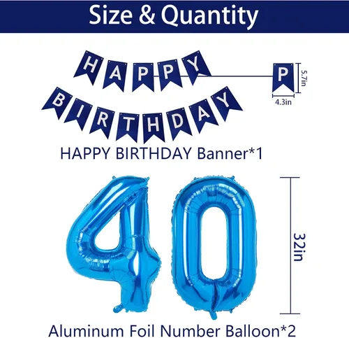 Vista 4 de Decoraciones de Cumpleaños Azules del 40, Decoraciones de Cumpleaños 40 Azul Marino para Hombres y Mujeres, Globos de Feliz 40 Cumpleaños Azul-a-40