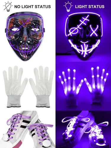Vista 5 de Camlinbo Juego de 3 máscaras LED de Halloween, guantes iluminados y cordones brillantes para Halloween, disfraz de Halloween, fiesta de cosplay