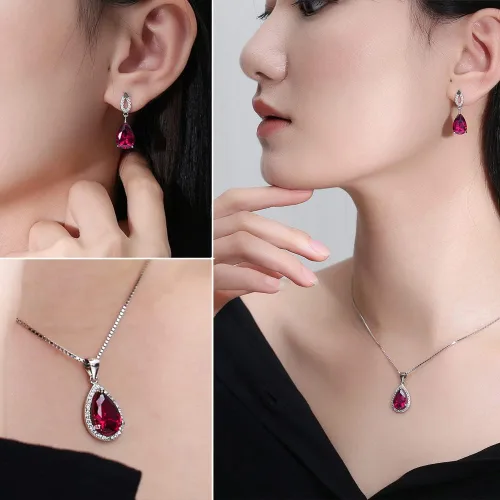 Vista 2 de JIANGXIN Teardrop Birthstone 925 Sterling Silver Rhodium Plated Gemstone Jewelry Set for Women Stud Earring Pendant Necklace 1618inch Italian Box