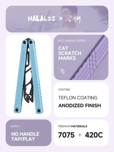 Vista 2 de Nabalis x Seongbae — Cuchillo de mariposa Balisong Cat Trainer, diseño de canal, recubierto de teflón, aluminio 7075, ligero, equilibrado y divertido