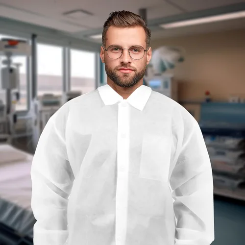 Vista 6 de Disposable Lab Coats SPP 50 GSM with Snaps, Elastic Wrists, Folded Collar, and Pocket