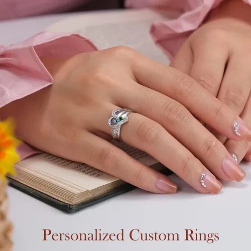 Vista 4 de Anillos de aniversario personalizados con nombres para mujer, joyería de plata de ley con 1 a 8 piedras natales simuladas anillo de promesa
