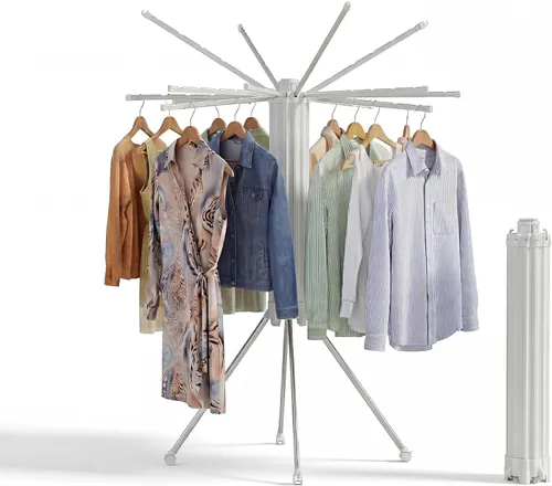 Vista 11 de RFOUO Tendedero de Ropa Trípode de Aluminio - 4 Varillas 16 Clips, Tendedero Plegable Portátil, Ahorro de Espacio, Tendedero de Ropa para Lavandería